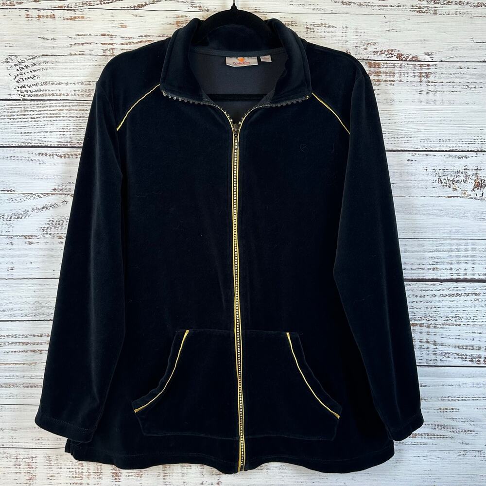Quacker Factory Black Velour Full Zip Lightweight Jacket Gold Rhinestone Women L